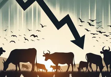 Des silhouettes de vaches qui paturent dans une prairie, style illustré. Au premier plan, une fléche qui illustre une décroissance